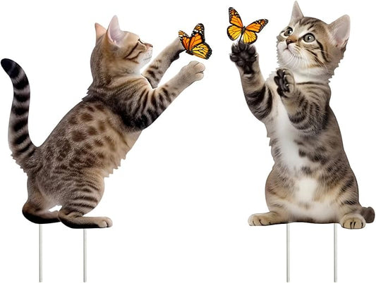 Set of 2 Metal Cat Garden Stakes, Realistic Cats Playing with Butterflies, Outdoor Yard Lawn Patio Decor
