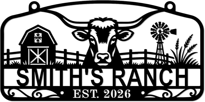 Personalized Ranch Metal Sign, Custom Farm Name Sign with Cattle Design, Rustic Farmhouse Wall Decor for Barn, Porch, Entryway, Ranch Gate, Housewarming Gift