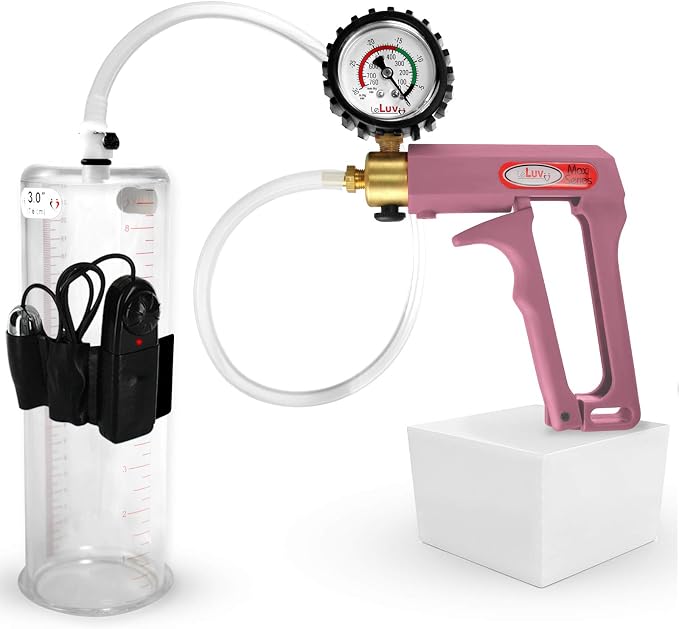LeLuv Vibrating Penis Pump Maxi - Pink Nylon Handle + Protected Gauge and Clear Hose - 9 inch Length x 3 inch Diameter Cylinder