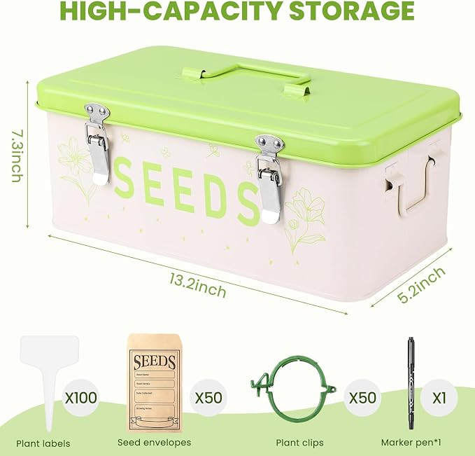 Seed Storage Organizer with Lid, Metal Seed Bin Seed Packet Container with 100 Plant Labels 50 Seed Envelopes 50 Plant Clips 1 Marker Pen, 4 Compartments Box with Locks