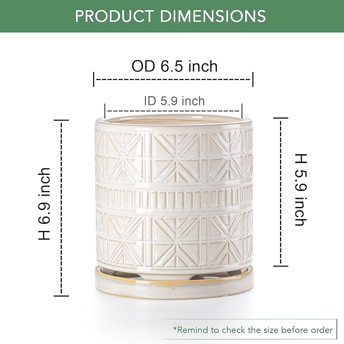 Ceramic Plant Pots Indoor-Outdoor: 6 Inch Embossed Planters with Drainage Hole & Saucer - Modern Decorative Flower Pots for Home Garden Patio Office Decor