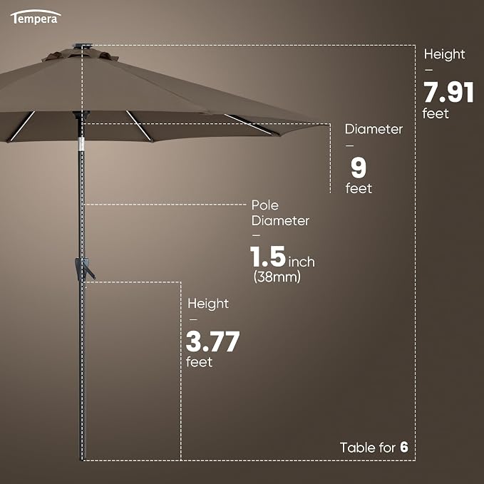 Tempera Solar Patio Umbrella 40 LED Lighted Outdoor Umbrella Table Market Umbrella with Push Button Tilt and Crank, Solar Umbrella with Sturdy Pole&Fade Resistant Canopy, Easy to Set