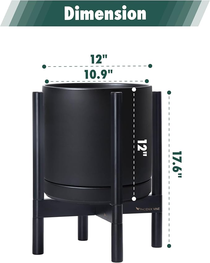 D'vine Dev Ceramic Planter with Ebony Stand - 12 Inch Modern Round Flower Pot with Wood Planter Holder, Black, 55-B-H-2