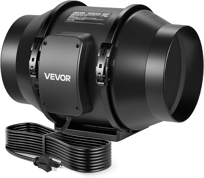 VEVOR Inline Duct Fan, 6-Inch 380 CFM with Power Cord, Quiet AC-Motor Ventilation Exhaust Fan for Cooling Booster, Grow Tents, Hydroponics