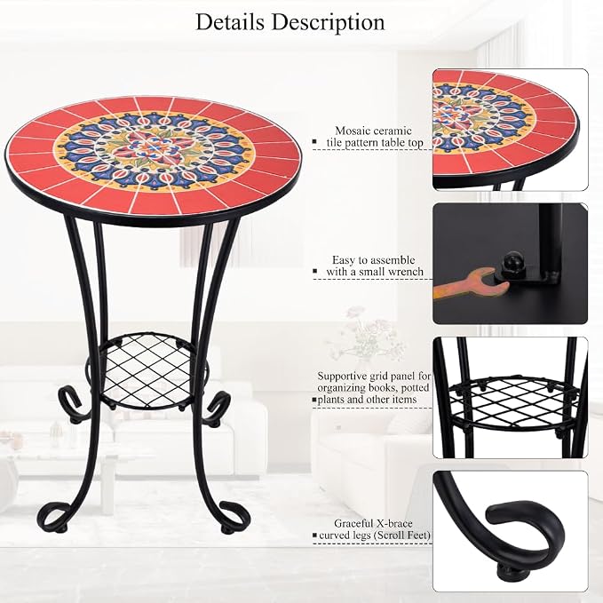 Mosaic Outdoor Side Table Small Round Patio Table Plant Stand | 21" Accent End Table with 14" Ceramic Tile Top for Small Spaces Porch Pool Garden Decor Indoor Living Room Bedroom Balcony
