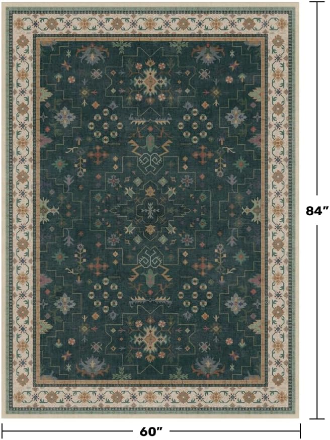 Dark Green Oushak 5x7 Living Room Rug - Modern Vintage Boho Eclectic Floral Pastel, Washable Low Pile Non-Slip Large Area Rugs for Nursery Dining Under Table Bedroom Lounge