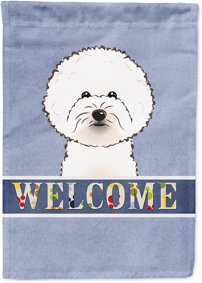 Caroline's Treasures BB1403CHF Bichon Frise Welcome House Flag, Blue Large Porch Sleeve Pole Decorative Outside Yard Banner Artwork Wall Hanging, Polyester, House Size, Multicolor