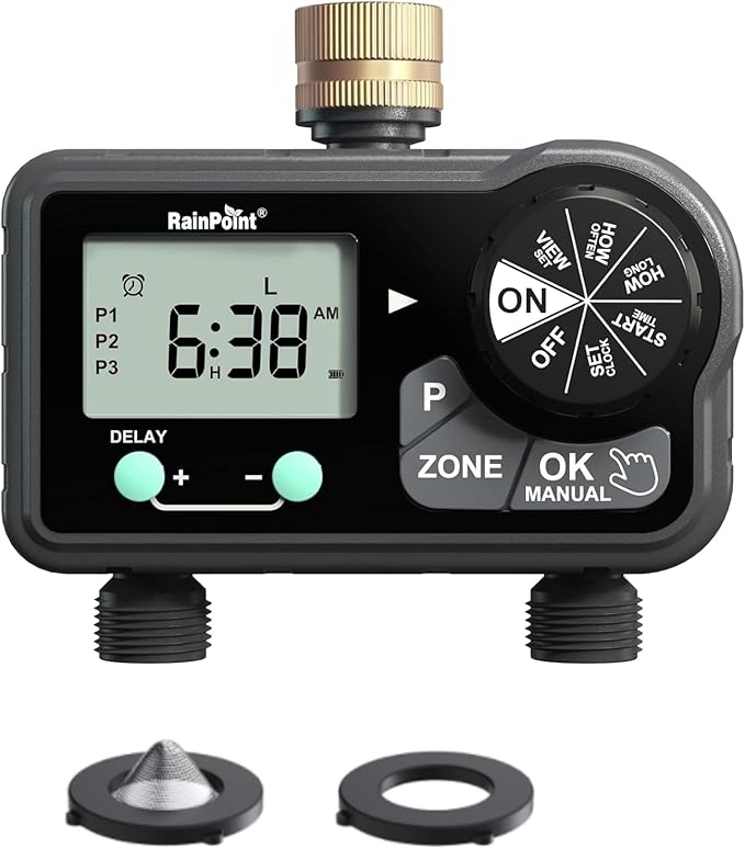 RAINPOINT 2 Zone Water Sprinkler Timer, Digital Programmable Irrigation Timer with Rain Delay & Manual Mode, Automatic Watering Controller for Lawn, Yard & Soaker Hose