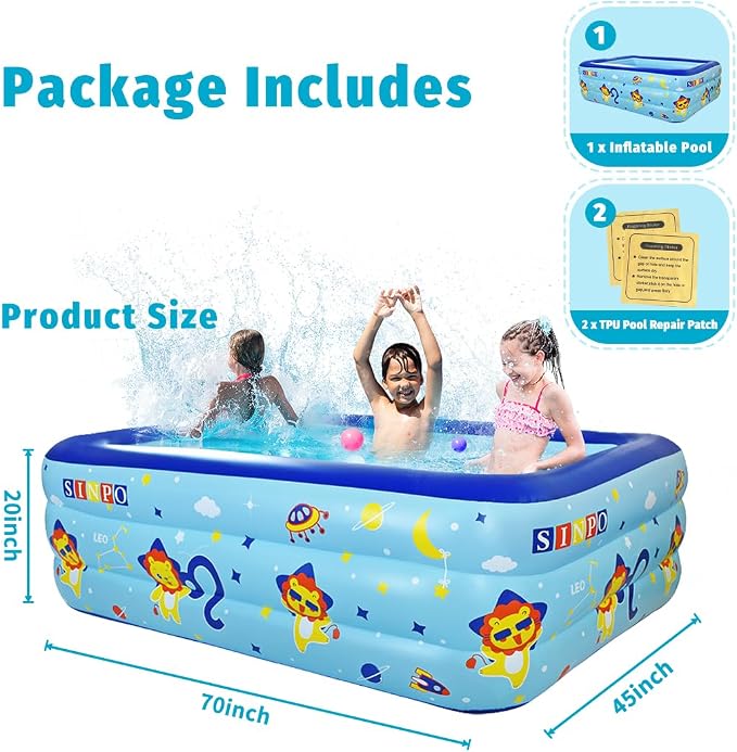 Seasons Inflatable Pool for Kids 70"x45"x20" PVC Thickened Swimming Pool | for Summer Garden & Outdoor Backyard Water Parties