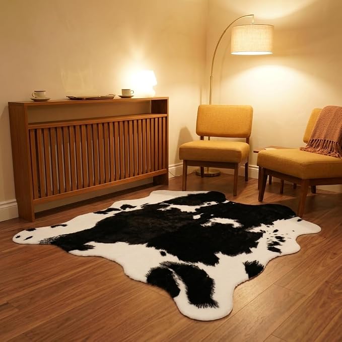 MustMat Cow Print Rug, Faux Cowhide Rug for Mid-Century Modern 4'7''×5'3'' | Black & White, Fits Living Rooms, Bedrooms. Matches Industrial & Minimalist Decor, Great For Holiday & Birthday Use