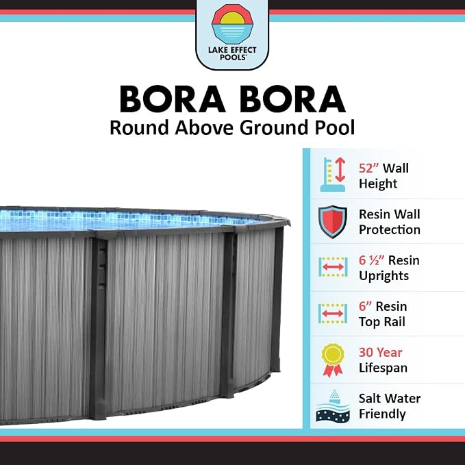 Lake Effect Pools 'Bora Bora' 18 ft Round Above Ground Swimming Pool | 52 Inch Resin Protected Steel Sided Walls | Bundle Includes: 25 Gauge Overlap Liner & Widemouth Skimmer