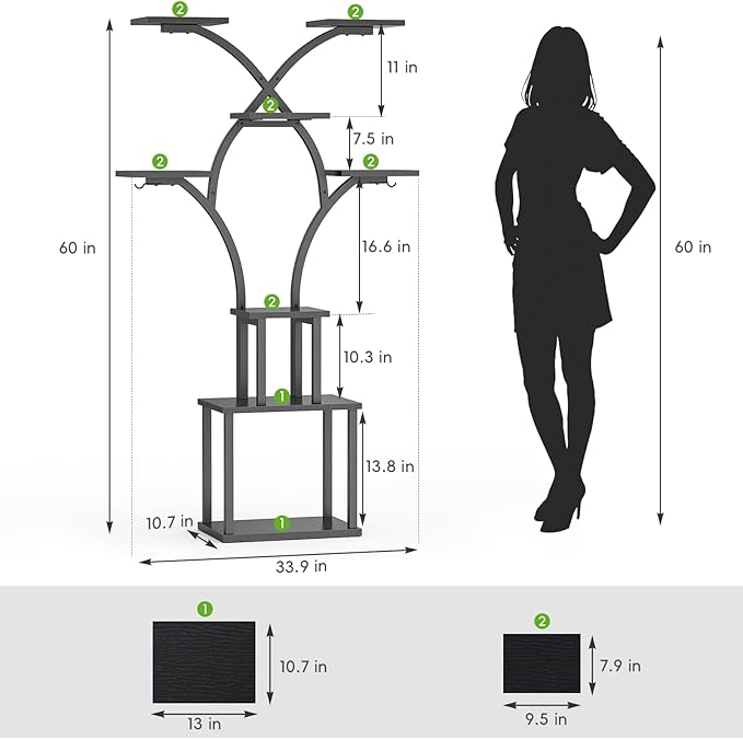 Elbourn 8 Tiered 60" Tall Plant Stand Indoor Shelf with Grow Lights (Black) | Corner Shelf Decor