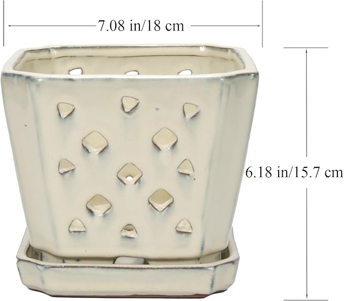 W&W Orchid Pot with Holes and Saucer for Repotting and Better Grow, Cream White, 7"