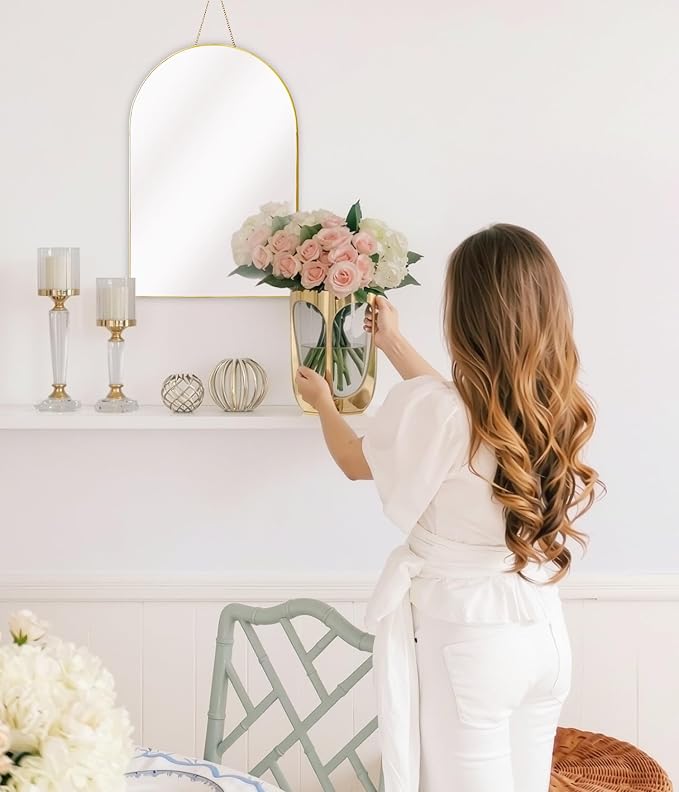 Gold Arched Wall Mirror 13”x19”- Small Vintage Hanging Mirror with Chain, Decorative Brass Mirror for Entryway, Bathroom, Bedroom&Living Room, Antique Gold Wall Mirror