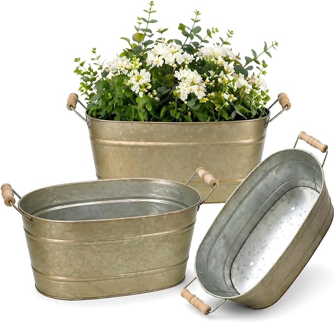vensovo 15 Inch Galvanized Planters for Outdoor Plants - 3 Pcs Rustic Large Metal Flower Buckets with Drainage & Plug, Farmhouse Style Oval Planter Containers with Handles, Great for Home Decor