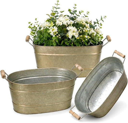 vensovo 15 Inch Galvanized Planters for Outdoor Plants - 3 Pcs Rustic Large Metal Flower Buckets with Drainage & Plug, Farmhouse Style Oval Planter Containers with Handles, Great for Home Decor