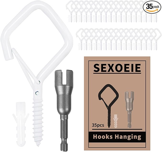 35PCS Eye Screw Hooks for Hanging Heavy Duty with Safety Buckle.Metal Ceiling Hooks for Hanging Plants,Cup,Wind Chime,Bird Feeders,String Lights at Indoor&Outdoor,2.36 Inches White