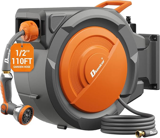 1/2" × 110 ft Retractable Hose Reel, Heavy Duty Retractable Garden Hose Reel Wall Mounted with 10-Pattern Hose Nozzle/Any Length Lock/Slow Return System/180°Swivel Bracket, Orange