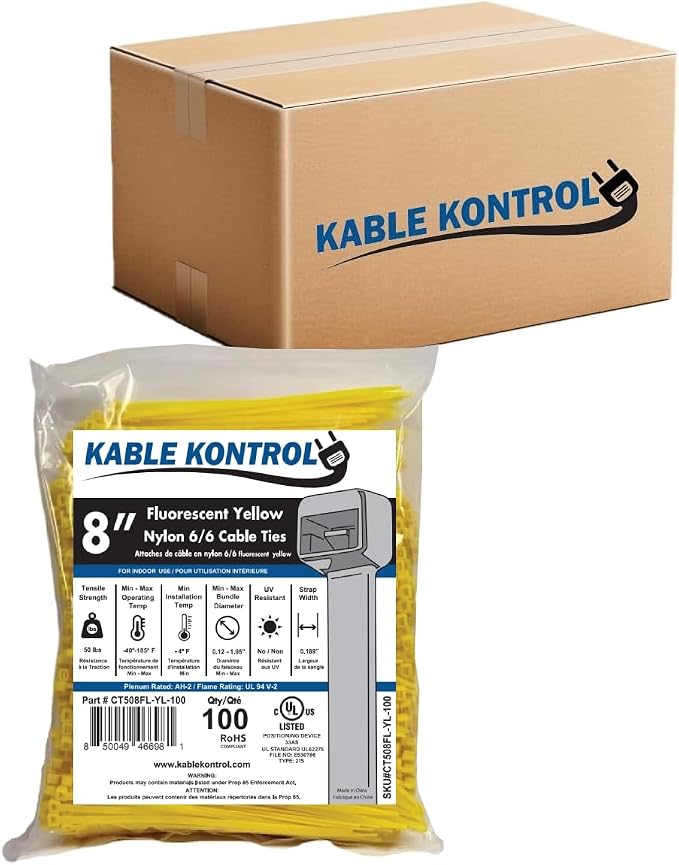 Kable Kontrol Fluorescent Yellow Zip Ties 8 Inch 10,000 Pcs, 50 Lbs Tensile Strength, Bulk Pack, Self-locking Nylon Colored Cable Ties Wire Wraps for Indoor or Outdoor Use