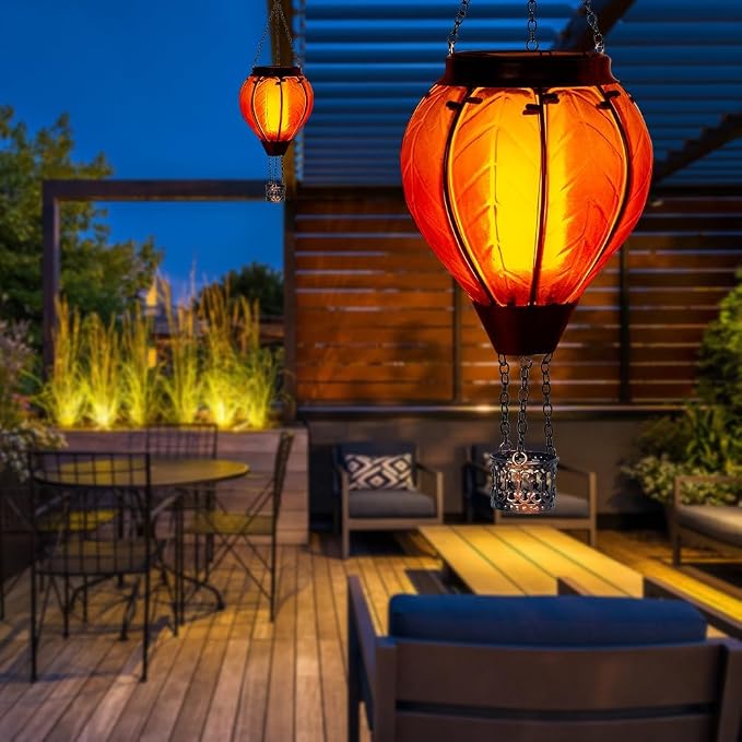 Starsoul 2 Pack Orange Solar Hot Air Balloon Lantern, Glass Hot Air Balloon Solar Lantern Outdoor Waterproof, Solar Hanging Lights with Flickering Flame Decor for Garden Yard Patio