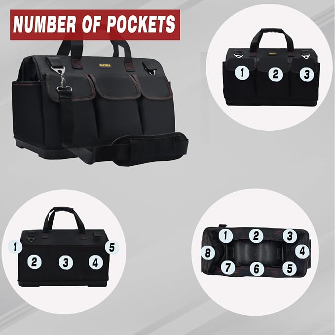 FASTECH 15-inch Heavy Duty Bottom Tool Bag With Wide Mouth For Tool Storage, Carrier and Organizer, Tools Bag For Men, Wide Mouth Tote Bag With Inside Pockets (15 Inch)