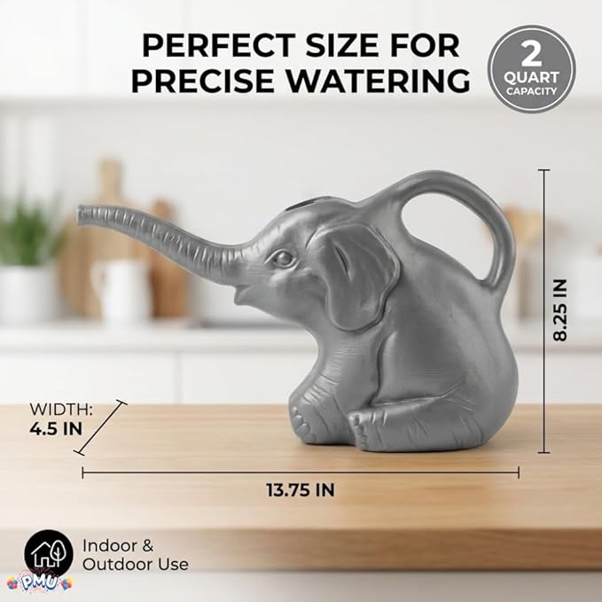 PMU 3 Pcs 2-Quart Elephant Watering Can – Durable Plastic Garden Watering Can for Indoor & Outdoor Plants, Easy-Pour Spout, Large Water Pot, Gray