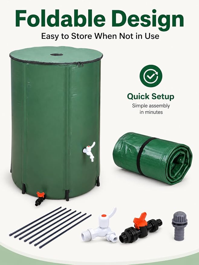 132 Gallon Collapsible Rain Barrel, Portable Rainwater Collection System, Water Storage Tank, Rain Catcher Barrel with Two Spigots and Overflow Kit, Rain Water Barrel Collector for Garden, Green