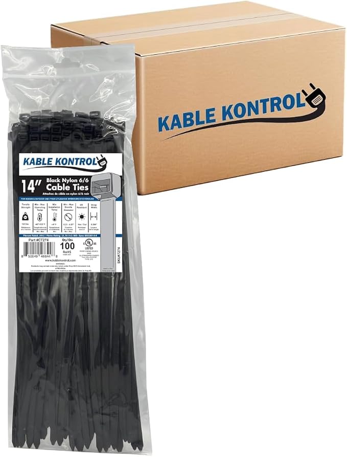 Kable Kontrol Cable Zip Ties Black 3,500 Pcs 14 Inch, 120 Lbs Tensile Strength, Bulk Pack, Self-locking UV Resistant Plastic Nylon Wire Ties, for Indoor or Outdoor Use