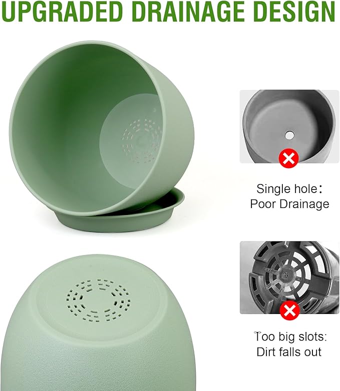 WSMKSZ Medium Plant Pots 10/9/8 inch, Flower Pots for Indoor Outdoor Plants, Set of 3 Modern Decorative Plastic Planters with Drainage Holes and Saucers for House Porch Garden Plants, Green