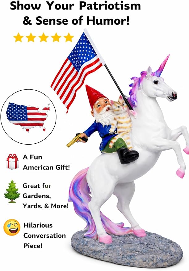 Funny Guy Mugs Garden Gnome Statue - The Ultimate Trio: Cat, Gnome & Unicorn Statue - Indoor/Outdoor Garden Gnome Sculpture for Patio, Yard or Lawn