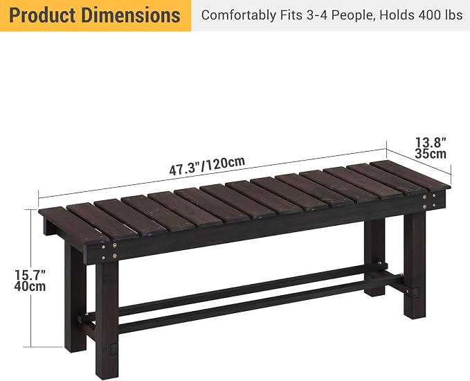 Wood Outdoor Garden Bench 47" Backless Bench 3-Person Seat 100% Solid Fir Carbonized Weatherproof Patio Bench Indoor Bathroom Seat Entryway Shoe Bench for Garden Porch Backyard Pool Balcony (Large)