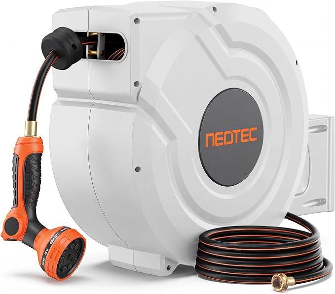 Upgraded Retractable Garden Hose Reel 1/2 inch x 130 ft Wall-Mounted 9 Pattern Nozzle Any Length Lock Automatic Slow Return 180° Swivel UV Resistant Heavy Duty Hose Reels for Outside