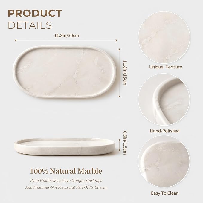 Luxury 100% Natural Oval Marble Tray for Bathroom, Dresser, Home Decor | 11.8" x 5.9" Marble Vanity Organizer for Perfume Jewelry Makeup, Kitchen, Hand-Polished Cream White Decorative Tray