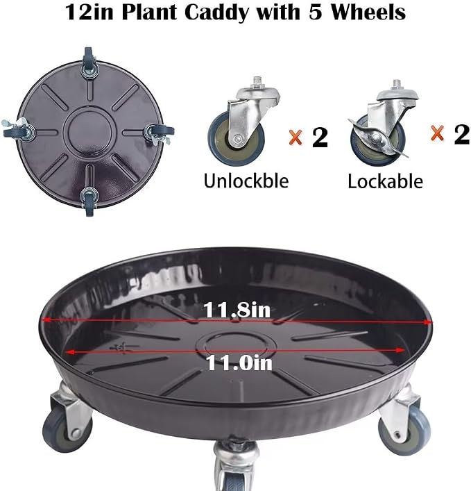ARTLINE Round Plant Stand with Lockable Wheels, Heavy Duty for Indoor Outdoor, Large Rolling Dolly Planter Caddy on Casters to Carry Potted Flower Pot, Round Metal Tray NO Holes, Black