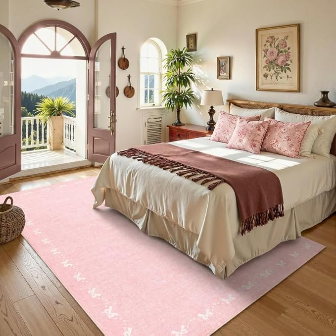 COZYLOOM 8x10 Bow Printed Rug for Bedroom, Large Solid Color Living Room Rug with Non Slip Backing, Stain Resistant Non Shedding Rugs Low Pile Modern Farmhouse Carpet for Bedroom, Dining Room, Pink