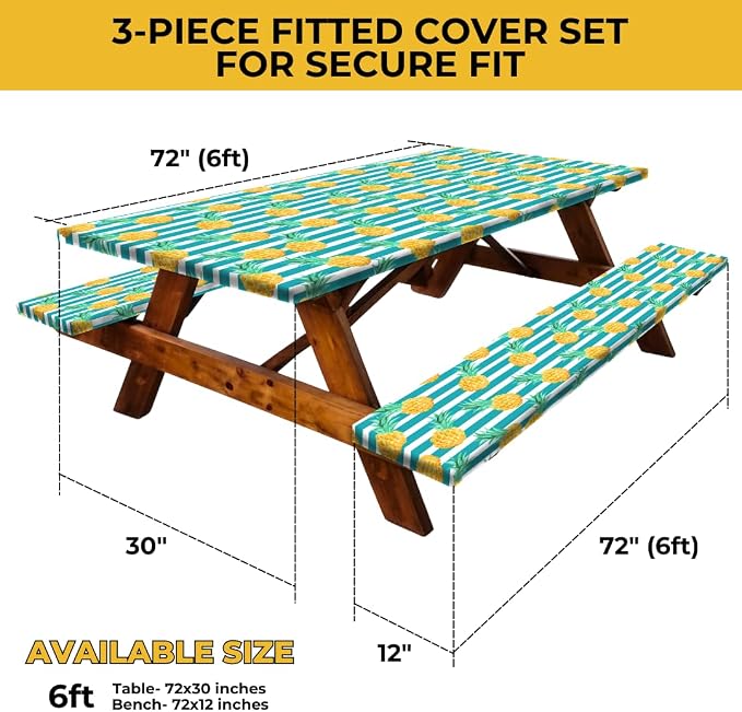 RNOONY 6ft Polyester Picnic Table Cover with Bench Covers Windproof & Waterproof Tablecloth, Perfect for Camping Gifts & RV Essentials, Cool Camping Gadgets, with Carrying Bag, 72x30 Inches, 4Pcs