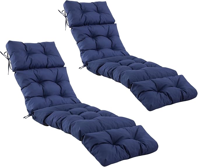 2 Pcs Chaise Lounge Cushions Outdoor,Waterproof & Fade Resistant Patio Lounge Chair Cushions for Outdoor Furniture, Chaise Cushion with Ties for Pool, Lawn and Beach, 75.1x22.8x4.7 Inch, Navy Blue