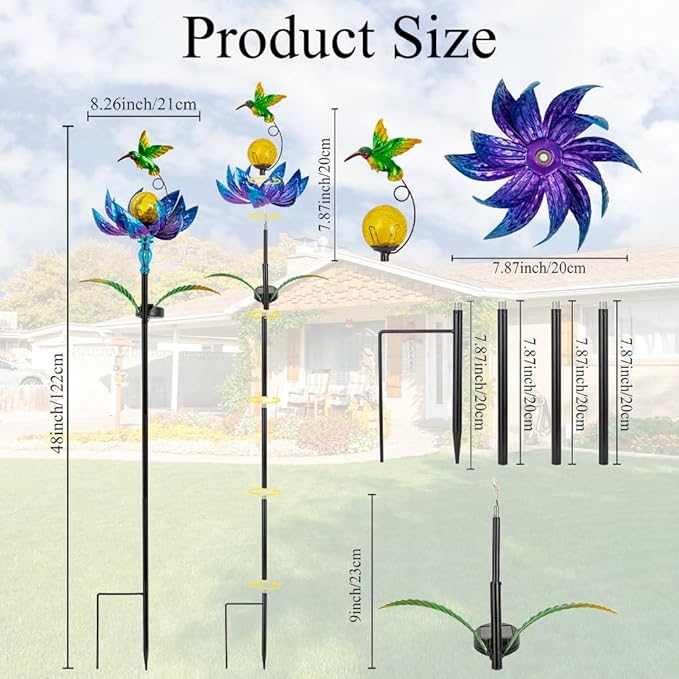 Solar Wind Spinners Outdoor, Solar Wind Spinner with LED Lights Ball, Garden Windmill for Yard, Garden, Patio, Lawn Decor (Blue)