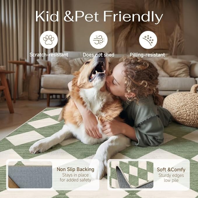 Green 2x6 Washable Runner Rug Kitchen Non Slip Checkered Carpet | Soft, Low Pile, Easy Clean, Diamond Pattern for Hallway, Entryway, Laundry Room, Bathroom, Modern Indoor Decor