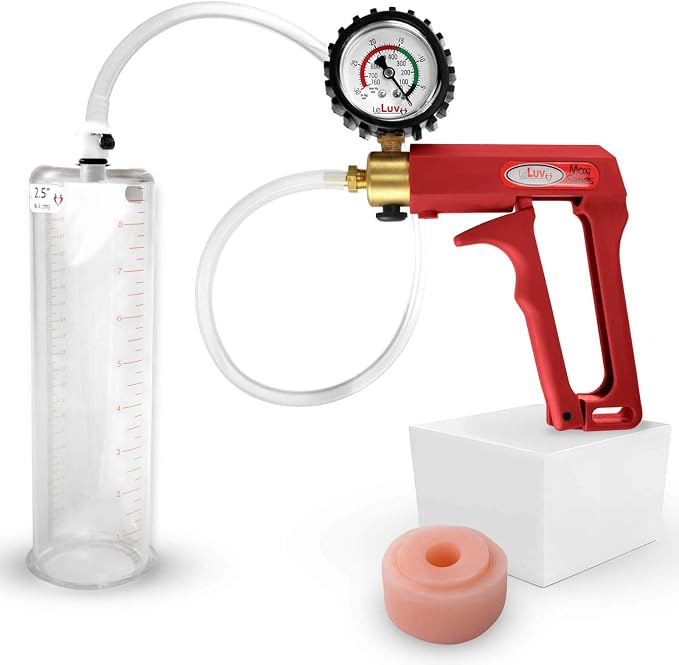 LeLuv Penis Pump Maxi Red Handle + Protected Gauge - Bundle with Clear Hose, Silicone Donut Seal - 9 inch Length x 2.50 inch Diameter Cylinder