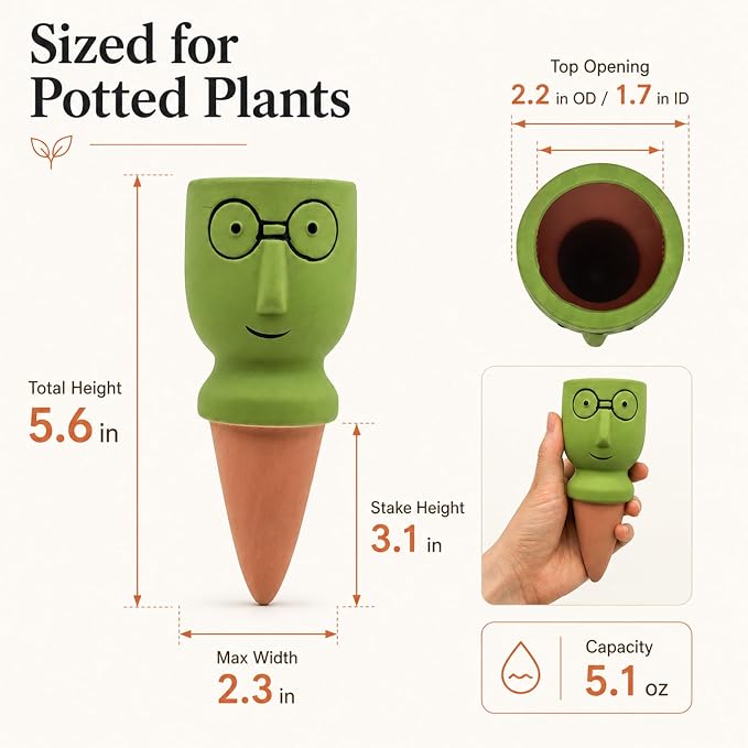Terracotta Watering Spikes 4 Pack, Cute Self Watering Plant Spikes, Clay Plant Watering Devices, Slow Release Self Watering Planter Insert for Indoor Outdoor Potted Plants (Big Head)