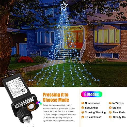 Outdoor Christmas Decorations Star String Lights, 320 LED 11.5 ft Waterfall Tree Lights with 8 Lighting Modes Christmas Star Lights for Indoor Outdoor Yard Home Festival Party Xmas New Year Decor - Image 3