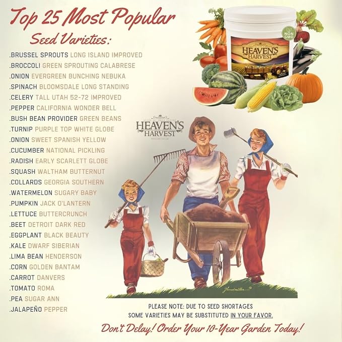 Heaven’s Harvest “10 Year Garden” Survival Seed Bank Kit | Over 50k Non GMO Heirloom Vegetable Survival Seeds + 2 Free Bonus Items: Clyde’s Garden Planner + Seed Vault Storage Drum for 10 Year Storage