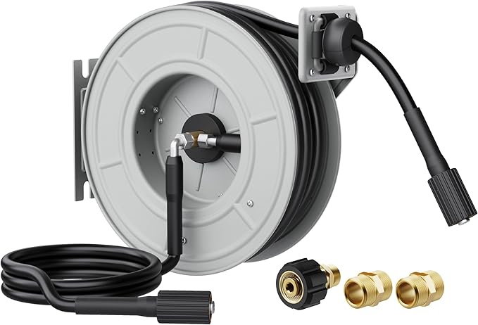 Giraffe Tools Retractable Pressure Washer Hose Reel 65ft, 2600PSI | Pressure Hose Reel, Wall/Floor Mounted