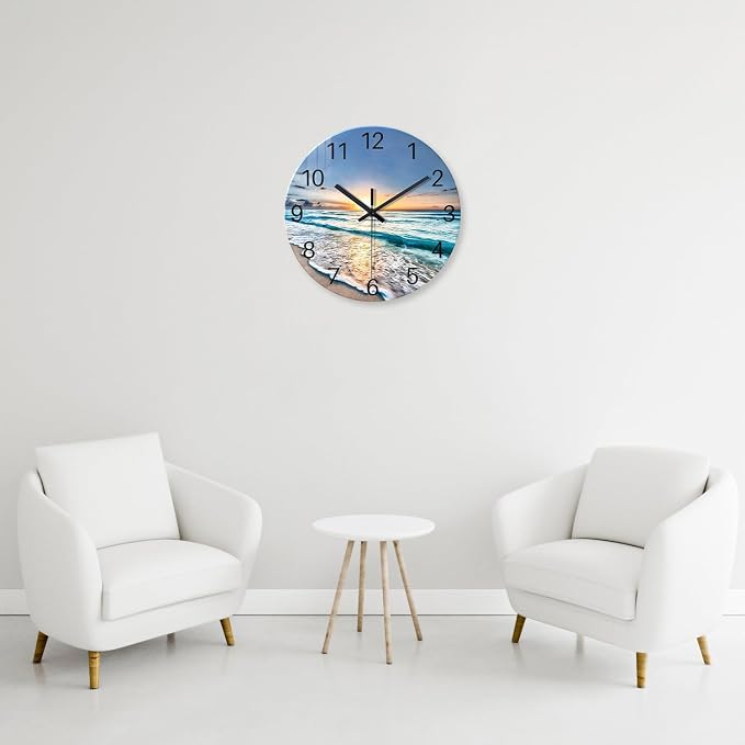 Blue Coastal Wall Clocks Battery Operated 16 Inch | Glass Wall Clock Silent Beach Round Large Decorative Wall Clock for Living Room Bedroom Kitchen Office