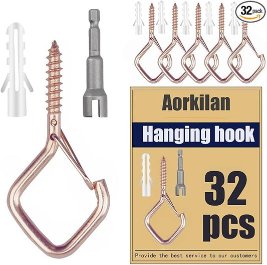 32-Pack Heavy-Duty Rose Gold Screw Eye Hooks with Safety Clips | Metal Ceiling Hooks for Hanging Plants, Wind Chimes, Bird Feeders & Indoor/Outdoor Lights