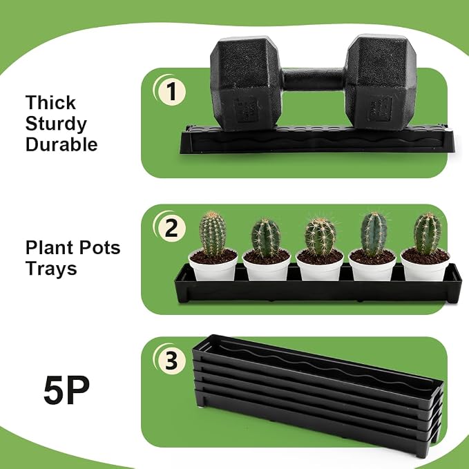 RooTrimmer 5 Pack Plastic Plant Saucer (17"x3"x1.5"), Rectangular Window Sill Plant Pot Trays with Removable Drainage Hole, Thick Windowsill Saucer Tray for 2.8 inch (7CM) Flower Nursery Pots (Black)