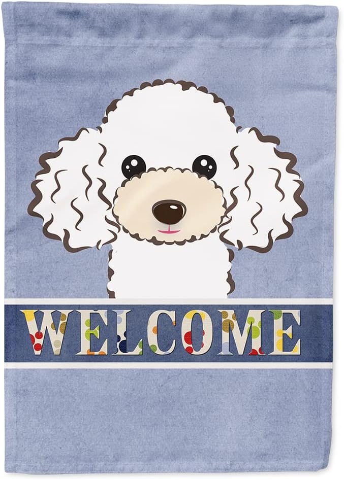 Caroline's Treasures BB1443CHF White Poodle Welcome House Flag, Blue Large Porch Sleeve Pole Decorative Outside Yard Banner Artwork Wall Hanging, Polyester, House Size, Multicolor