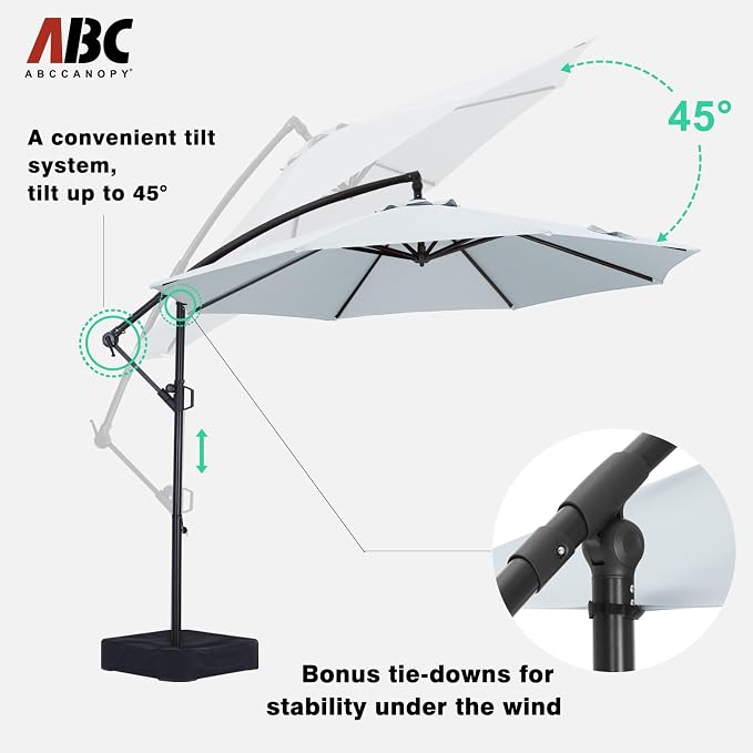 ABCCANOPY 10FT Cantilever Patio Umbrella with base included, 360° Rotation Outdoor Offset Umbrella Bonus Fix Frame & Weights Bag for Backyard, Deck, Poolside (Gray)