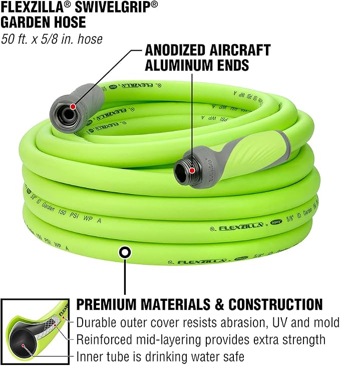 Flexzilla Garden Hose with SwivelGrip, 5/8 in. x 50 ft., ZillaGreen & Garden Hose 5/8 in. x 50 ft, Heavy Duty, Lightweight, Drinking Water Safe, ZillaGreen